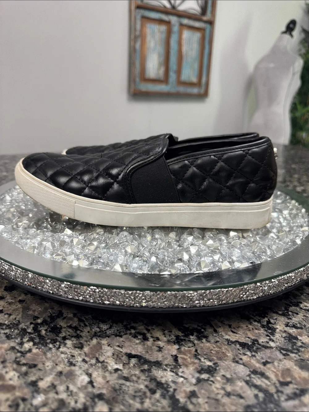 Steve Madden Black Quilted Slip-On Sneakers with White Sole 8.5